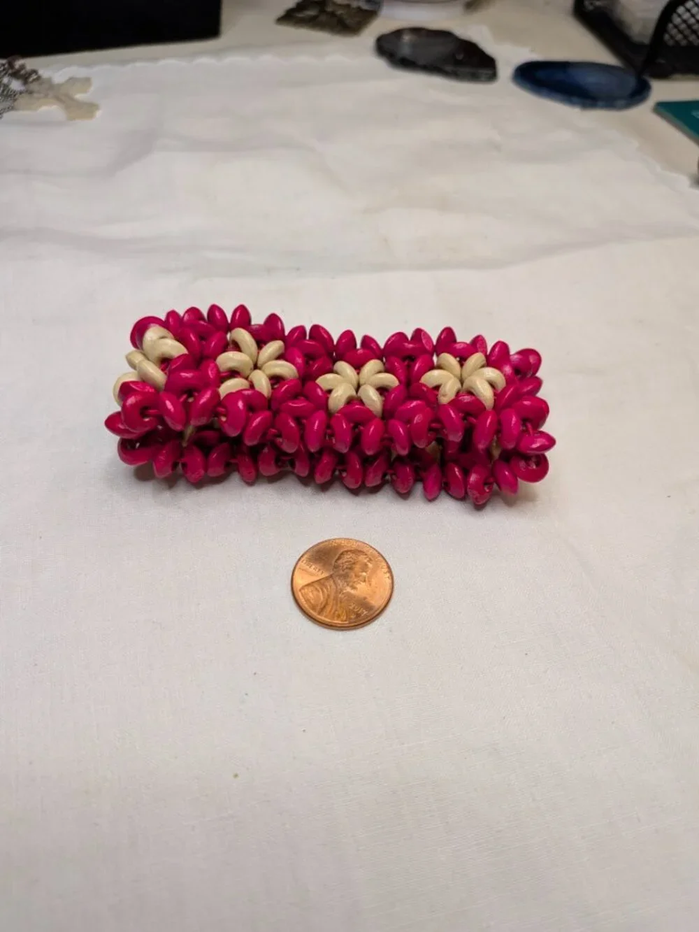 Fuchsia and Cream Wooden Floral Stretch Bracelet